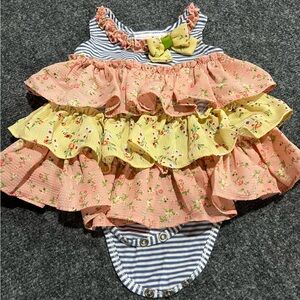 Bonnie Baby Ruffled Floral Bodysuit - Pink, Yellow & Blue